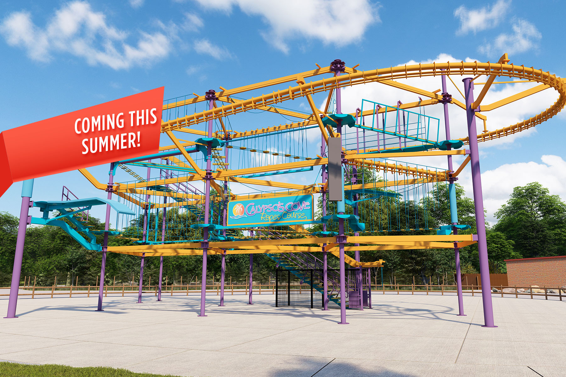 Colorful zipline structure at family entertainment park
